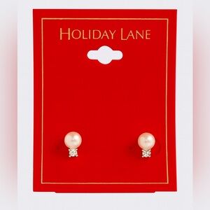 Holiday Lane Faux Pearl &‎ Crystal Stud Earrings Classic Gold Tone